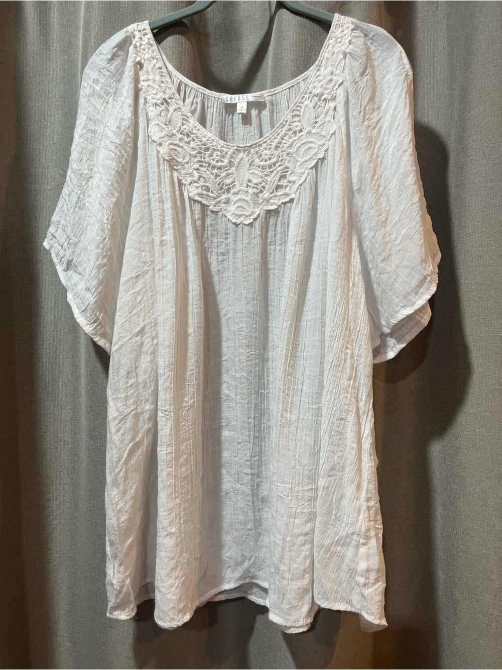 Spense Woman Crochet Yoke White Tunic Top with Scoop Neck and open shoulders  3x